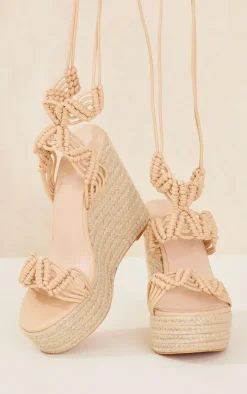 Beige Pu Woven Lace Up Espadrille Heeled Wedges