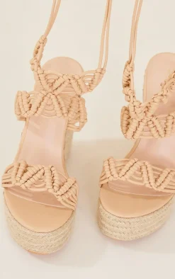 Beige Pu Woven Lace Up Espadrille Heeled Wedges