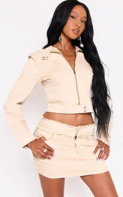 Beige Racer Collar Cropped Denim Jacket