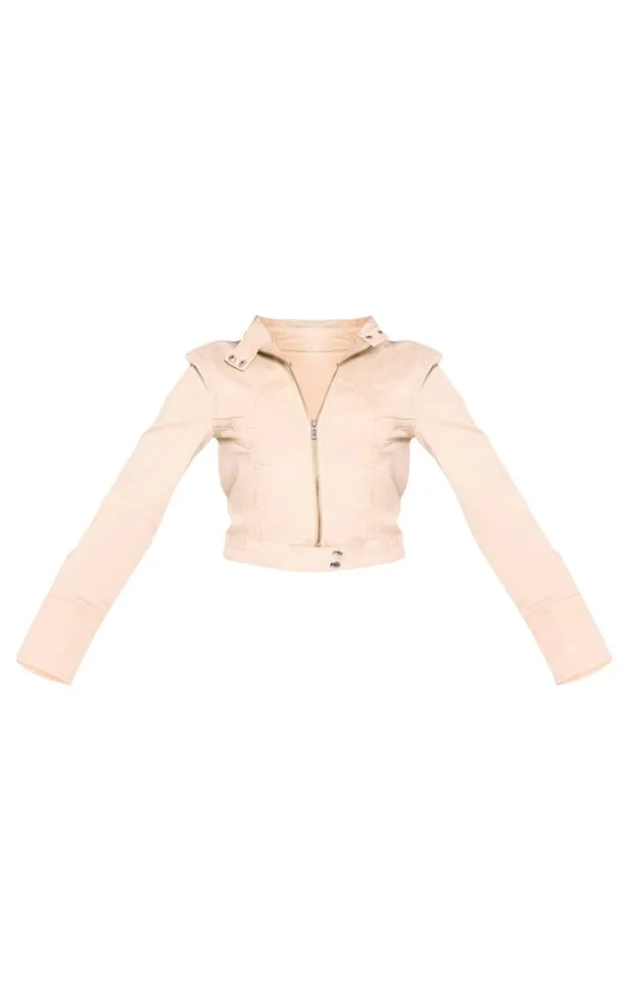 Beige Racer Collar Cropped Denim Jacket