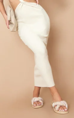 Beige Real Leather Round Toe Padded Contrast Strap Pearl Detail Sandals