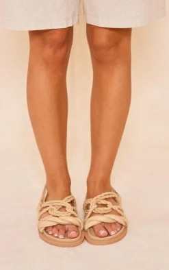 Beige Real Leather Round Toe Rope Twist Strap Flat Sandals
