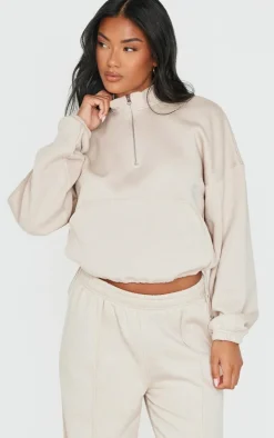 Beige Rib Pocket Seam Detail Half Zip Sweatshirt