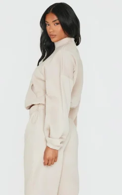 Beige Rib Pocket Seam Detail Half Zip Sweatshirt