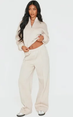 Beige Rib Pocket Seam Detail Half Zip Sweatshirt