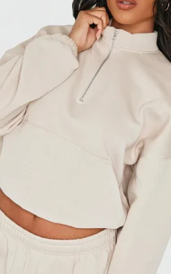 Beige Rib Pocket Seam Detail Half Zip Sweatshirt