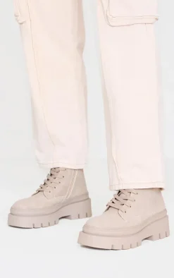 Beige Round Toe Chunky Sole Biker Boots