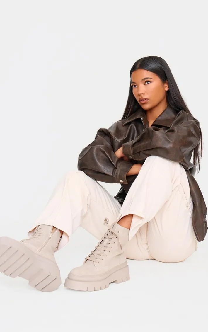 Beige Round Toe Chunky Sole Biker Boots