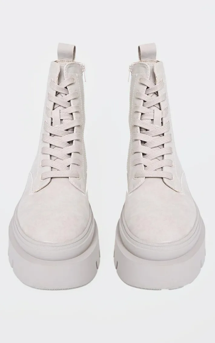 Beige Round Toe Chunky Sole Biker Boots