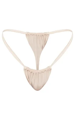 Beige Ruched Tanga Bikini Bottoms