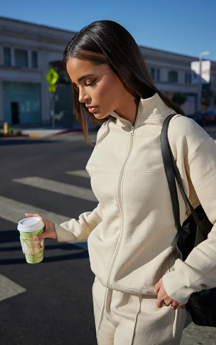 Beige Seam Detail Zip Through Sweatshirt