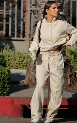 Beige Seam Detailed Straight Leg Sweatpants