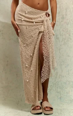 Beige Shell Detail Wrap Front Maxi Skirt
