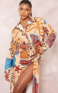 Beige Shellfish Print Linen Look Button Up Beach Shirt