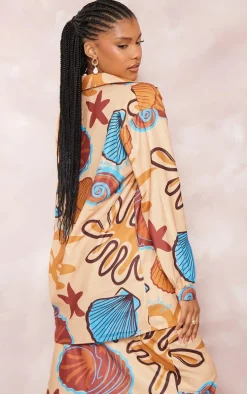 Beige Shellfish Print Linen Look Button Up Beach Shirt