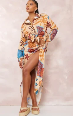 Beige Shellfish Print Linen Look Button Up Beach Shirt