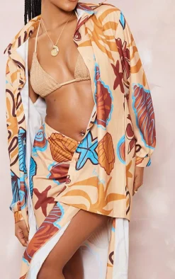 Beige Shellfish Print Linen Look Button Up Beach Shirt