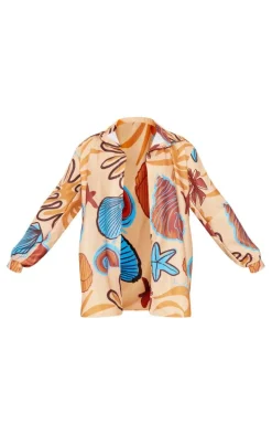 Beige Shellfish Print Linen Look Button Up Beach Shirt