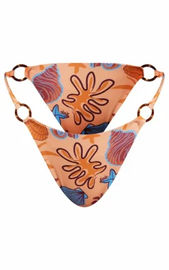 Beige Shellfish Print Tortoise O Ring Tie Side Bikini Bottoms