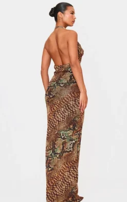Beige Snake Printed Mesh Cowl Neck Maxi Dress
