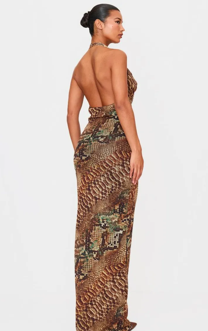Beige Snake Printed Mesh Cowl Neck Maxi Dress