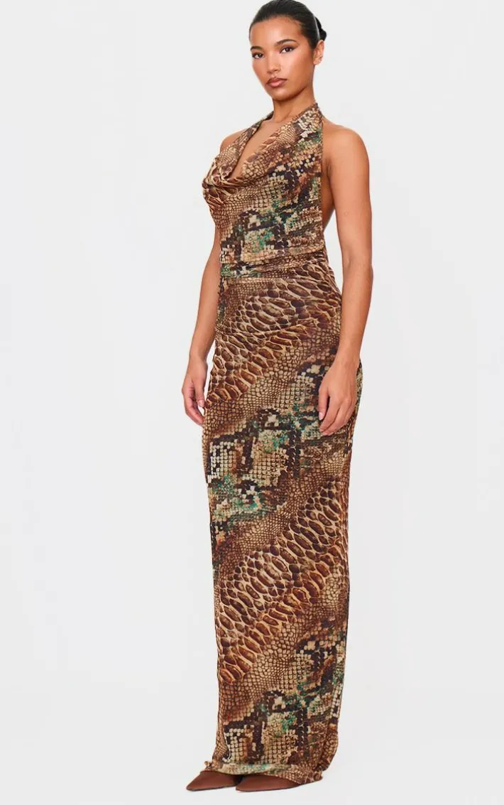 Beige Snake Printed Mesh Cowl Neck Maxi Dress