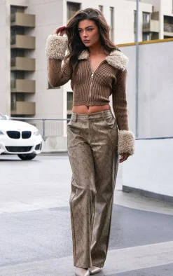Beige Snake Skin Faux Leather Straight Leg Pants