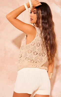 Beige Soft Crochet Knit Tie Front Vest