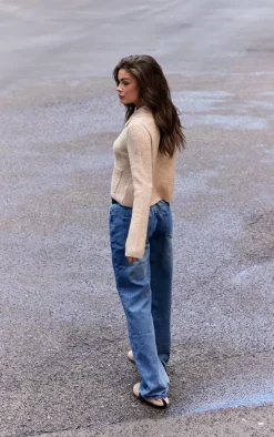 Beige Soft Textured Knit Button Up Collar Detail Cardigan