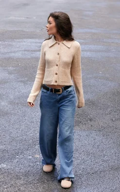 Beige Soft Textured Knit Button Up Collar Detail Cardigan