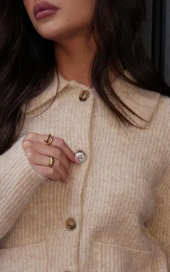 Beige Soft Textured Knit Button Up Collar Detail Cardigan