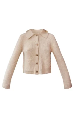 Beige Soft Textured Knit Button Up Collar Detail Cardigan