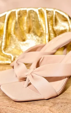 Beige Square Thong Toe Padded Heeled Mules