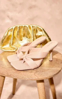 Beige Square Thong Toe Padded Heeled Mules