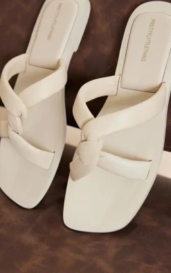 Beige Square Toe Real Leather Padded Twisted Strap Mule Sandals