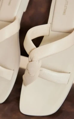 Beige Square Toe Real Leather Padded Twisted Strap Mule Sandals