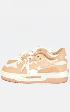 Beige Star Flat Sole Lace Up Sneakers