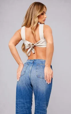 Beige Stretch Woven Tie Back Crop Top