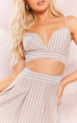 Beige Stripe Cut Out Pleated Shift Dress