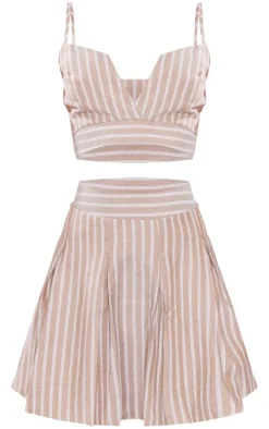 Beige Stripe Cut Out Pleated Shift Dress