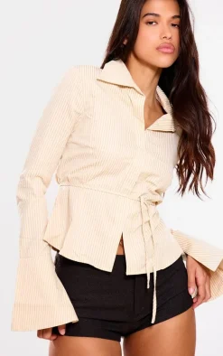 Beige Striped Hook And Eye Flare Sleeve Shirt
