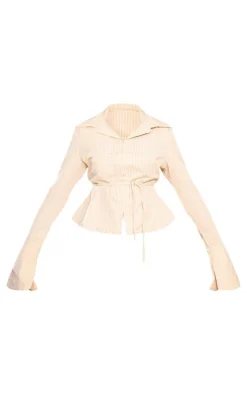 Beige Striped Hook And Eye Flare Sleeve Shirt