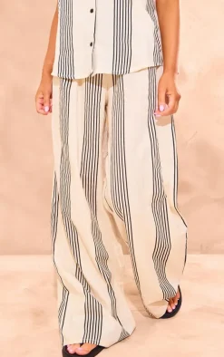 Beige Striped Linen Look Wide Leg Pants