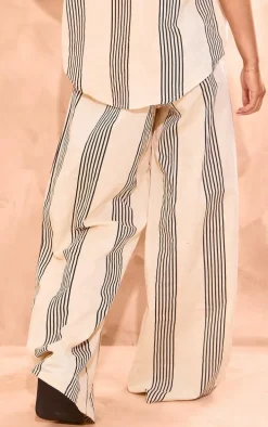 Beige Striped Linen Look Wide Leg Pants