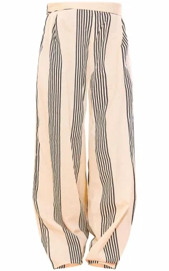 Beige Striped Linen Look Wide Leg Pants