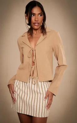 Beige Structed Linen Look Double Tie Shirt