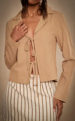 Beige Structed Linen Look Double Tie Shirt