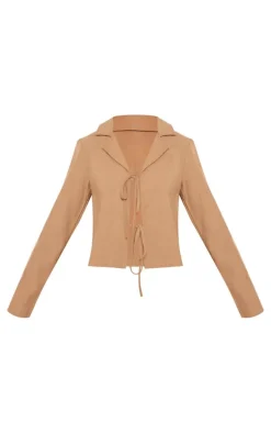 Beige Structed Linen Look Double Tie Shirt