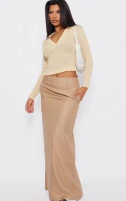 Beige Structured Linen Look Belt Loop Detail Maxi Skirt
