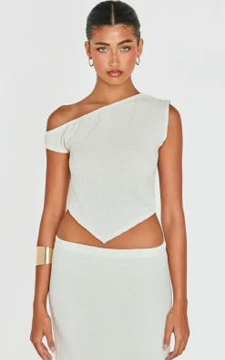 Beige Textured Asymmetric Off The Shoulder Top
